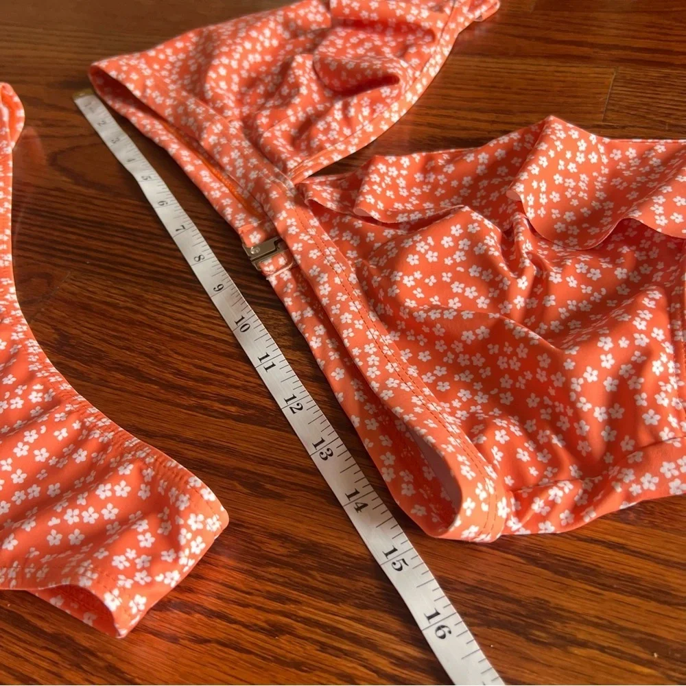 Ruffle sleeve top orange floral bikini set, Large